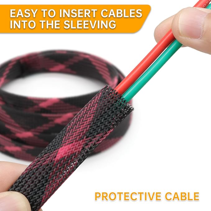 Braided Cable Sleeve, 33ft Expandable Wire Loom for Automotive Wiring Harness & PC Case, Pet-Proof Chew Resistant Cord Protector, Flexible Cable Management (Black-Pink, 4mm (5/32"))