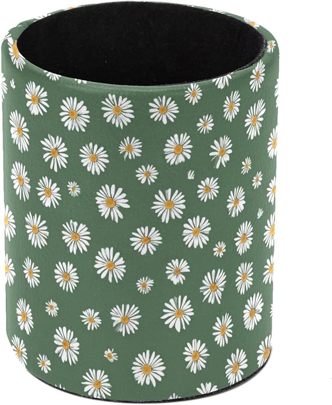 Faux Leather Pen Holder for Desk, Pencil Organizer Daisy Pen Cup Desk Decor Makeup Brush Holder Storage for Office Home
