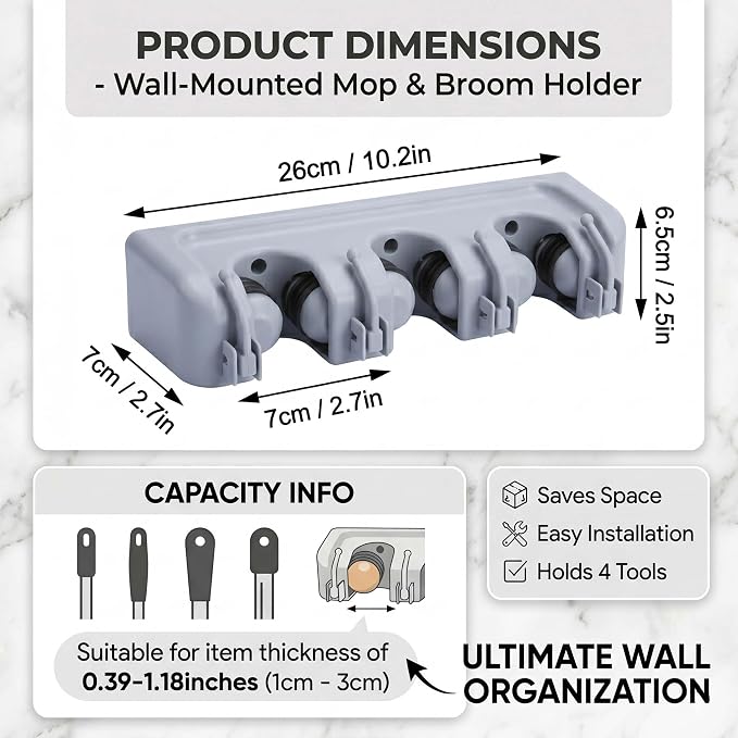 TOGU Mop and Broom Holder Wall Mounted 3 Position Storage Rack with 4 Retractable Hooks Holds up to 7 Tools Utility Weatherproof Holder for Garage Storage Systems Broom Organizer,Gray
