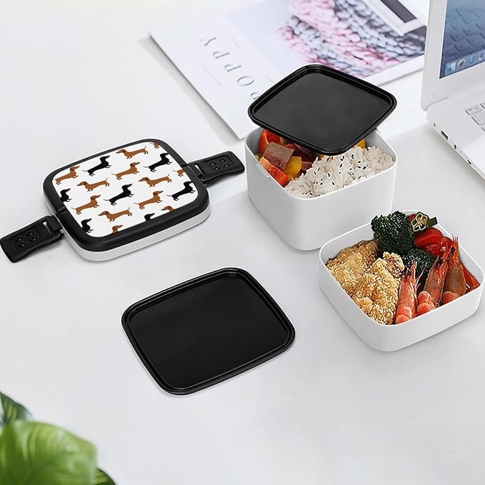 Dachshund Weiner Pet Dogs Double Layer Bento Box, 1000ml Stackable Leakproof Lunch Container with Spoon, Portable 2-Tier Food Storage Box for Office Work Picnic Camping and Travel