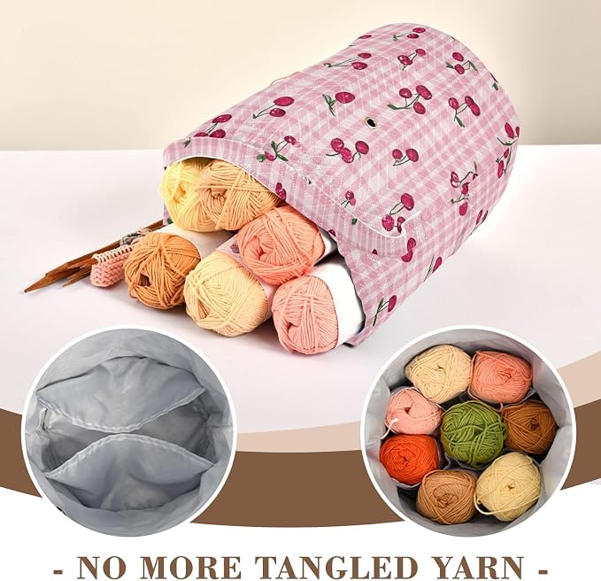 Tatenale Crochet Bag Yarn Bag Knitting Project Bag with Pockets and Handle Portable Yarn Storage Organizer Tangle Free 8.3x11 InchPink Cute Checkered Cherry13