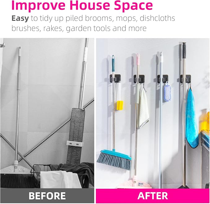 4 Pack Anti-Slip Broom Holder, Space-Saving, Damage-Free Wall Mount, Stainless Steel, Black