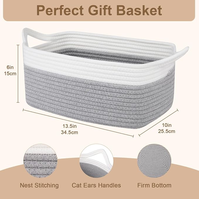 OIAHOMY Woven Basket, Gift Basket Empty with Gift Bags and Ribbons, Rope Baskets for Baby Showers, Storage Baskets with Handles for Nursery, Pet Toy Organizer - Grey & White