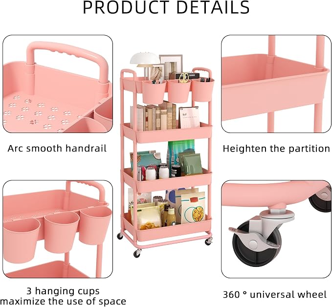 4-Tier Plastic Rolling Storage Cart Utility Cart with Extra Hanging Cups Handles Lockable Wheels for Living Room Bathroom Kitchen Office Pink | Utility Cart with Extra Hanging Cups Arc-Shaped Handles Lockable Wheels for Living Room Bathroom Kitchen Office