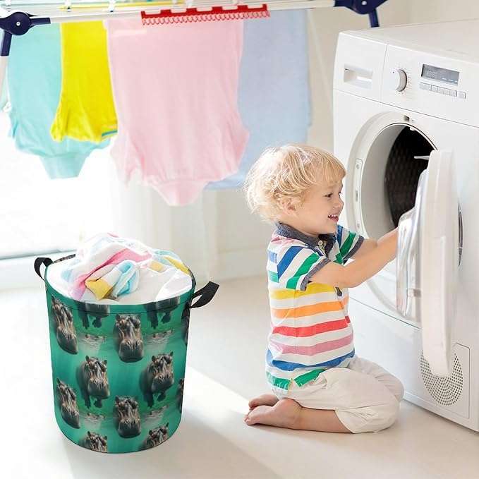 Foldable Laundry Basket with Handles Diving Hippo, Waterproof Storage Hamper for Clothes, Toys, and Towels in Bedroom and Bathroom