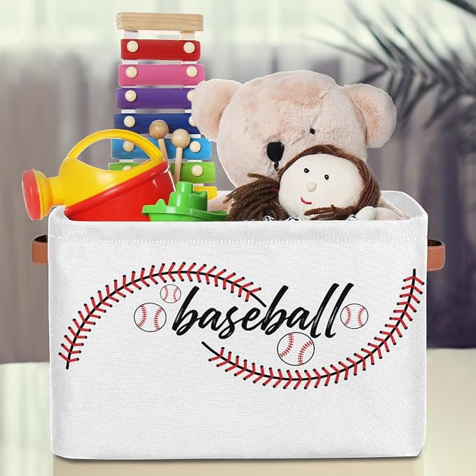 AUUXVA Storage Basket Baseball Stitches Storage Cube Box Sport Baseball Basket Softball Canvas Collapsible Toy Storage Bin Shelf Kids Gift Basket with Handles, 1Pc