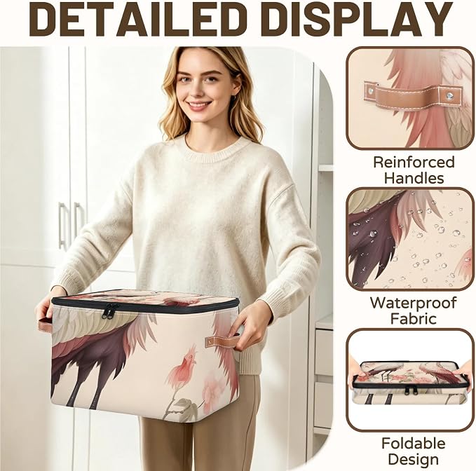 Japanese Crane Floral Foldable Storage Bin with Lid Zipper | Closet Shelf Organizer, Boxes, Basket Containers for Home, Lidded Storage Cube for Bedroom, Waterproof, with Handles