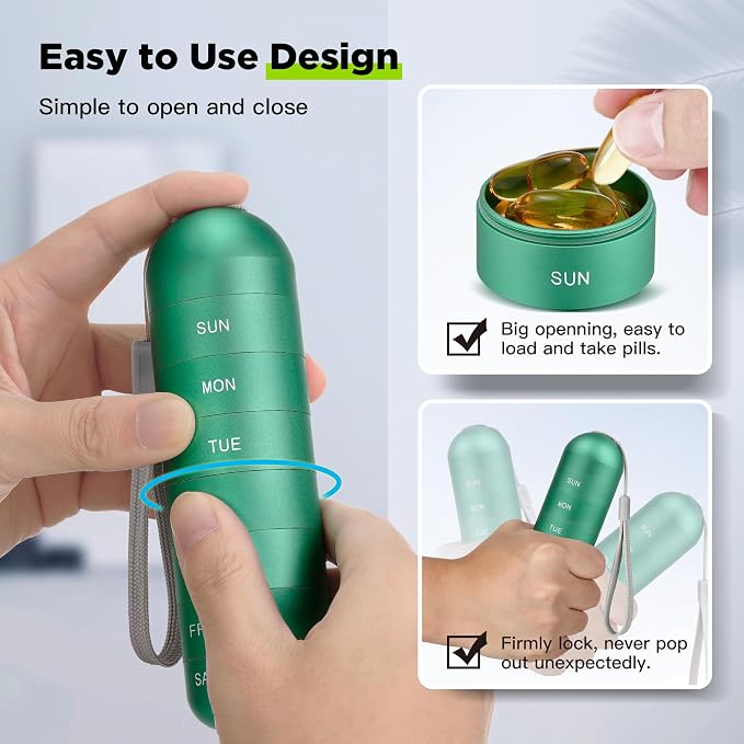 Zannaki Metal Moisture Proof Weekly Pill Organizer, Stackable Aluminum Alloy BPA Free Travel Hiking 7 Day Pill Box Case Waterproof and Large Compartment to Hold Pills, Vitamins, Fish Oil, Supplements