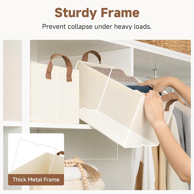 StorageWorks Closet Storage Bins, Shelves Baskets, Beige, 2-Pack | With Reinforced PU Handles, Sturdy Metal Frame, Collapsible, Basket for Shelves, Closet, Holds Clothes, Towels, Blankets