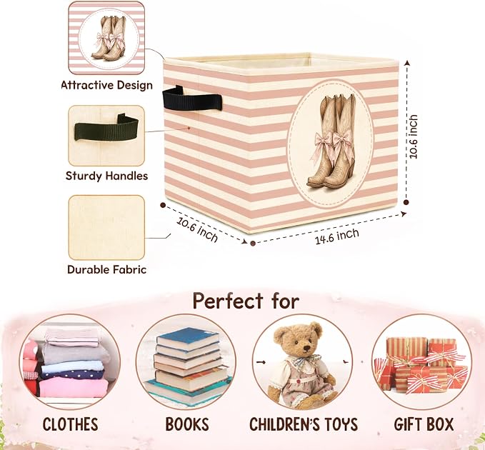 Cowgirl Boots Storage Bin, Pink Foldable Organizer Basket | Cowgirl boots storage bin with pink striped background, bow boot artwork, foldable fabric design and handles.