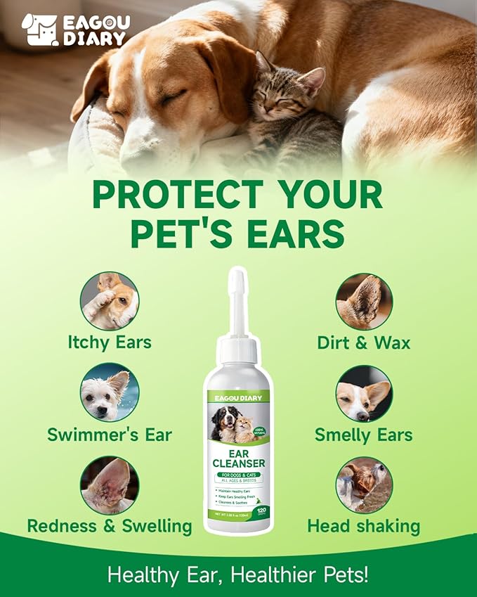 Eagou Diary Dog Ear Cleaner Solution - Cat Dog Ear Infection Treatment, Removes Debris, Wax, Odor, Itch Relief - Pet Ear Wash, Flush and Care with Aloe, Lavender, Chamomile, Ear Drops for Dogs Cats