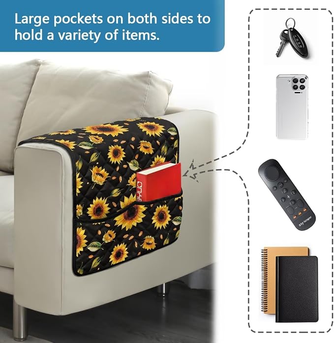 Sunflower Stretch Couch Arm Covers with Two Pockets Breathable Armrest Covers Chairs Arm Cover Easy to Clean, Scratch-Resistant Sofa Arm Protector Home Furniture Decor Cover
