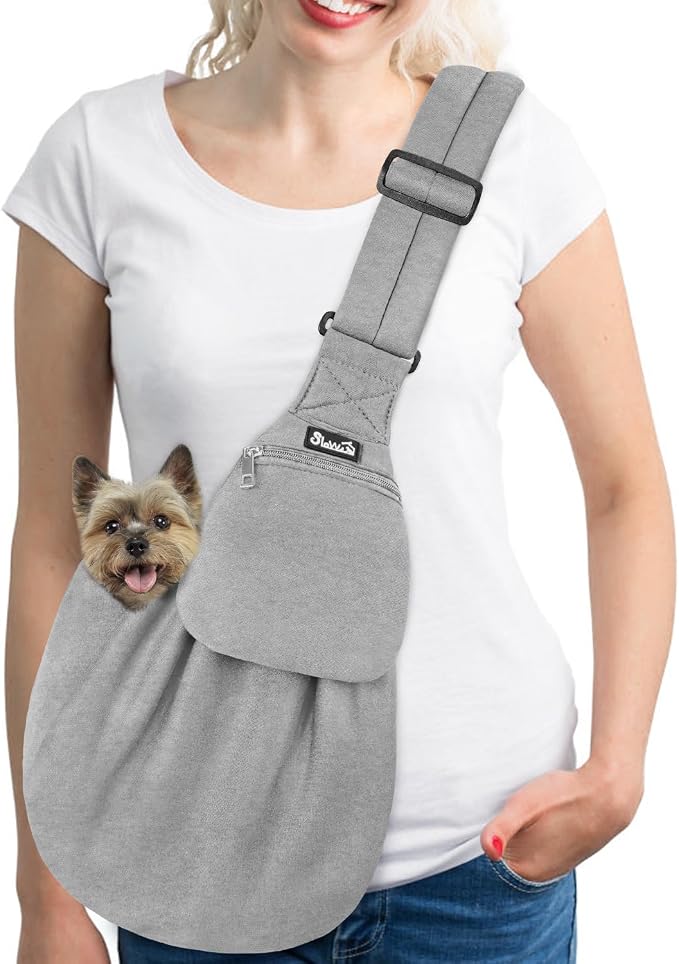 Lukovee Pet Sling, Puppy Small Pet Cat Carrier with Safety Hook | Hands-Free,Padded Strap, Breathable, Adjustable, Storage Pocket, Tote Bag Shoulder Bag with Front Pocket (Grey-WY,M)