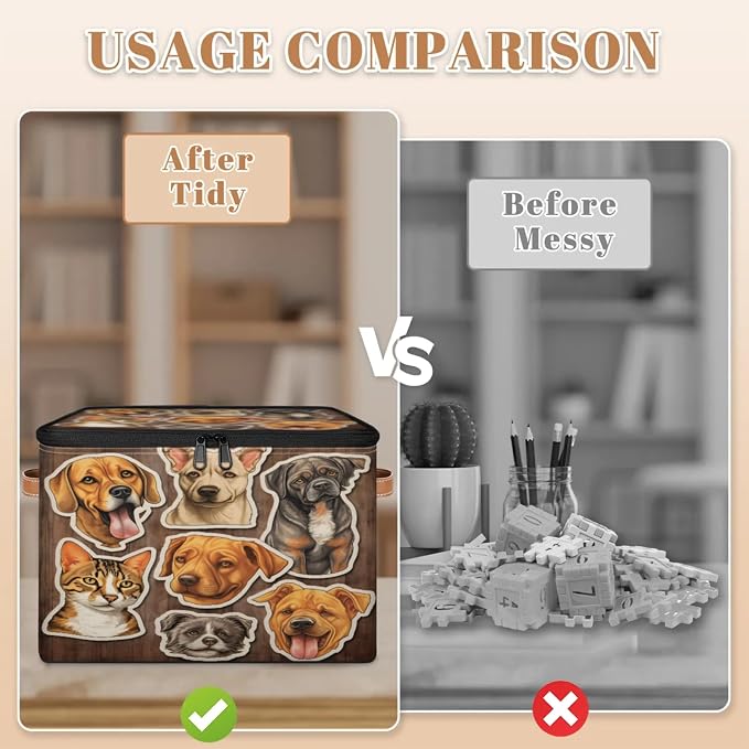 Storage Bin Dogs Cats Storage Basket with Zipper Lid & Handle Foldable Storage Box Cube Bins Clothes Organizer for Closet, Bedroom