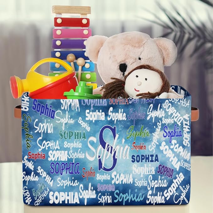 Personalized Foldable Storage Basket with Name, Laundry Hamper Dirty Clothes Pet Toys Storage Bin with Handles for Shelf Home Closet Kitchen, Watercolor Blue Universe