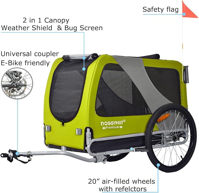 DOGGYHUT® Premium XL Pet Bike Trailer & Stroller Up to 100 lbs (Lime Green) | Bicycle Trailer for Small Medium or Large Dogs, Dog Bicycle Carrier, Low Center of Gravity, Folding Frame Cart