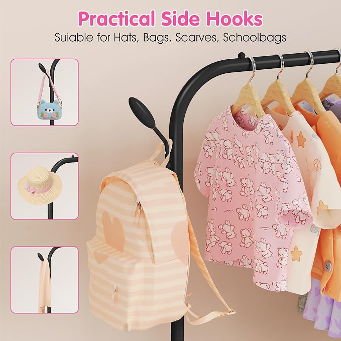 Kids Clothes Rack for Ages 3-6, Montessori Kids Clothing Rack, Black | Kids Dress up Rack with Bottom Shelf & Side Hooks, Toddler Wardrobe Rack for Bedroom, Playroom, Nursery & Small Room Storage
