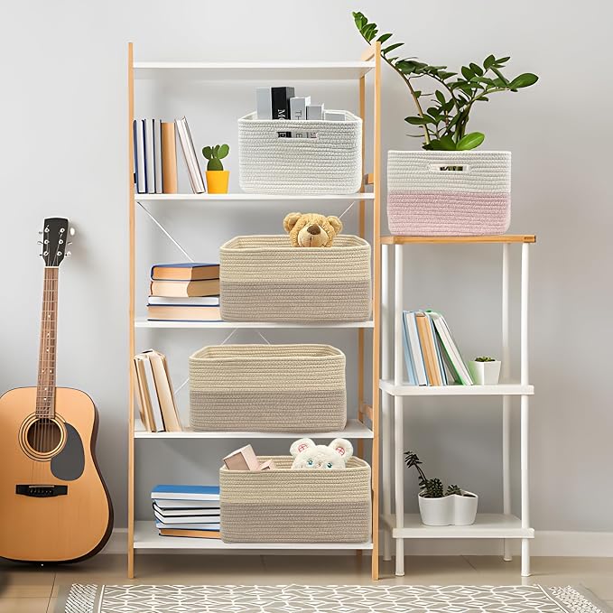 COMFY-HOMI Cotton Rope Woven Basket with Handles for Shelves,Toys,Book, Cloth Storage Baskets Bin for Organizing- 1 PCSToy Decorative Organizer for Living Room, Bathroom 17" x 13" x 7.5"