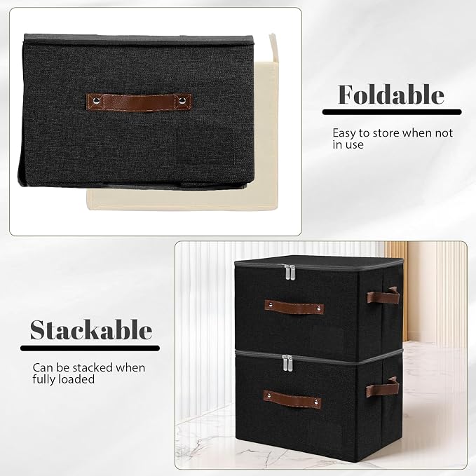 ANMINY Storage Box Fabric Bins with Zipper Lid, 15"x10"x10" Black 3PCS | Keepsake Box, Decorative, Cotton Linen, Reinforced PP Board Frame, Washable, Stackable & Foldable, Label Holder & PU Handles
