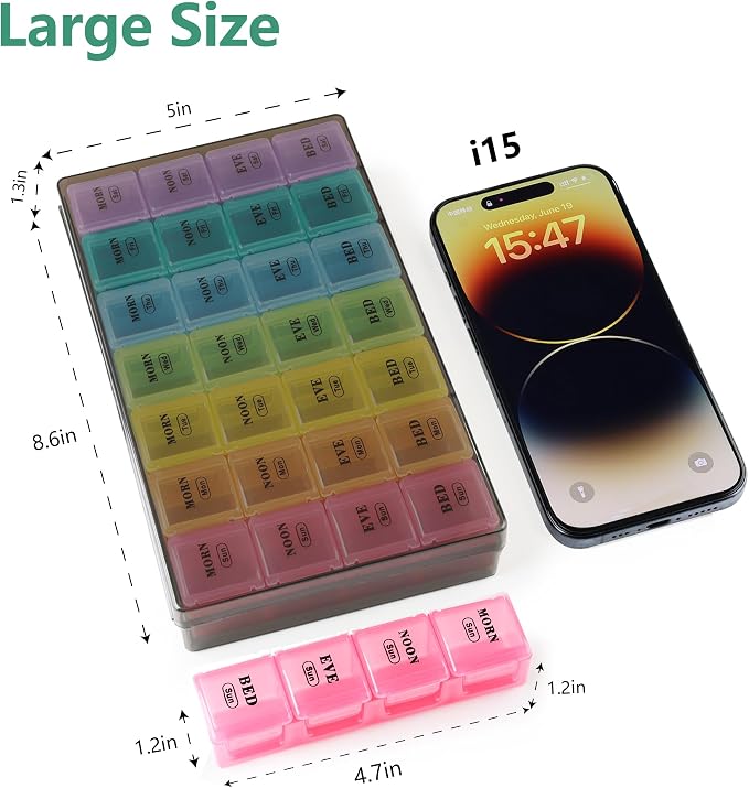 MOLN HYMY Pill Organizer 4 Times a Day, 7 Day Weekly Pill Box with 28 Big Compartments, Multicolor Portable Travel Medicine Planner for Vitamins, Fish Oils, Supplements (Rainbow, Large)