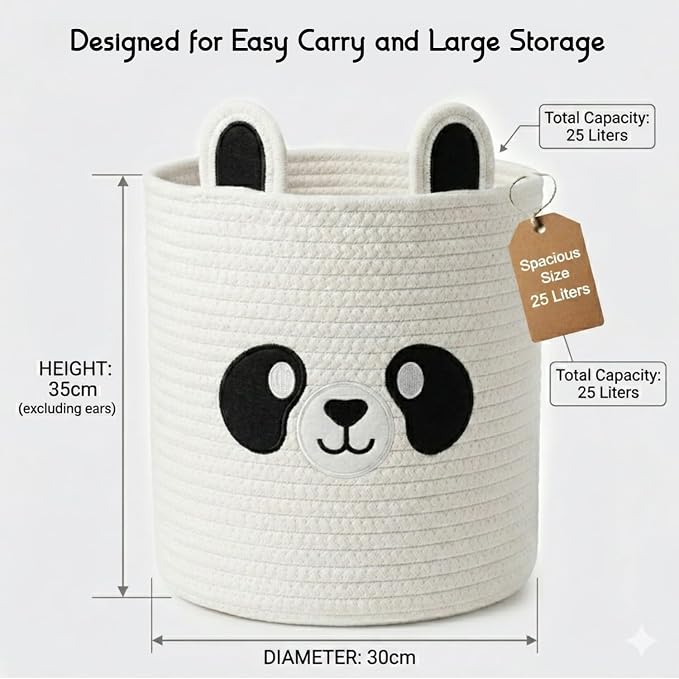 Storage Basket, 14” x 12” Woven Cotton Rope Bin with Panda Design, Cutout Handles, Foldable & Washable Decorative Home Storage Organizer for Laundry, Clothes & Household Items (Panda)