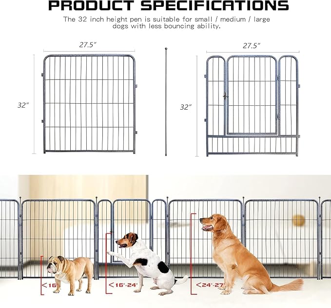 Dog Playpen,32/40/45 Inch Height in Heavy Duty, Folding Indoor Outdoor Anti-Rust Dog Exercise Fence, Portable Pet Playpen with Door for Large Medium Small Dogs and Pet (24 Panels, 32 Inch) Silver
