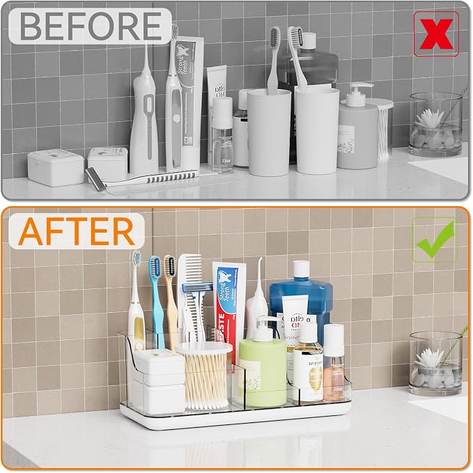 Mens Bathroom Organizer Countertop,Bathroom Sink Caddy Countertop Storage,White 7 Slot Vanity Bathroom Toiletry Organizers and Toothbrush Holders for Toothpaste,Electric Tooth Brush Organizer