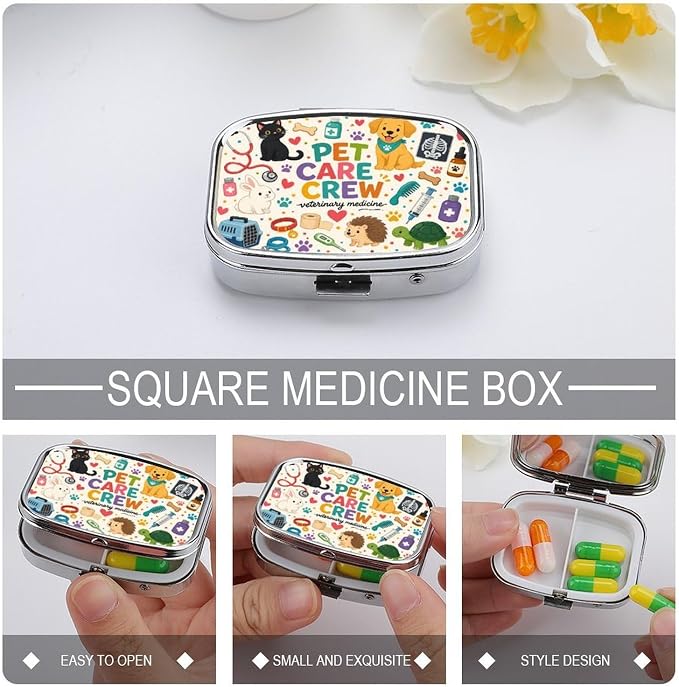 Cute Pet Care Essentials Poster Two Compartment Pill Box Medicine Organizer, Portable Pill Case with Secure Snap Closure for Vitamins Medication Supplements Daily Use