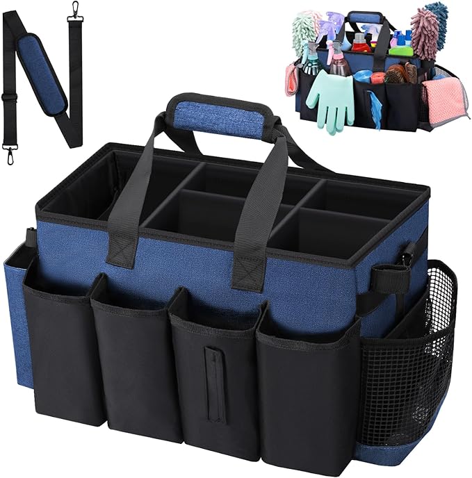 Wearable Large Cleaning Caddy Bag for Housekeepers (Blue) | Cleaning Supplies Organizer with Adjustable Shoulder, Waist & Handle Straps, Detailing Bag for Kitchen Supplies