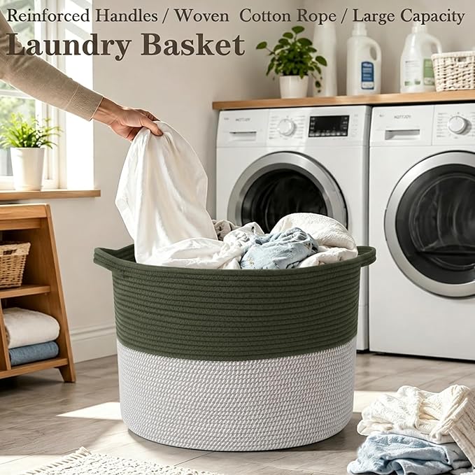 90L Extra Large Blanket Basket,Woven Laundry Basket-Green&White | Collapsible, reinforced handles, nursery storage bin organizes clothes, toys and pillows for living room, bedroom bathroom