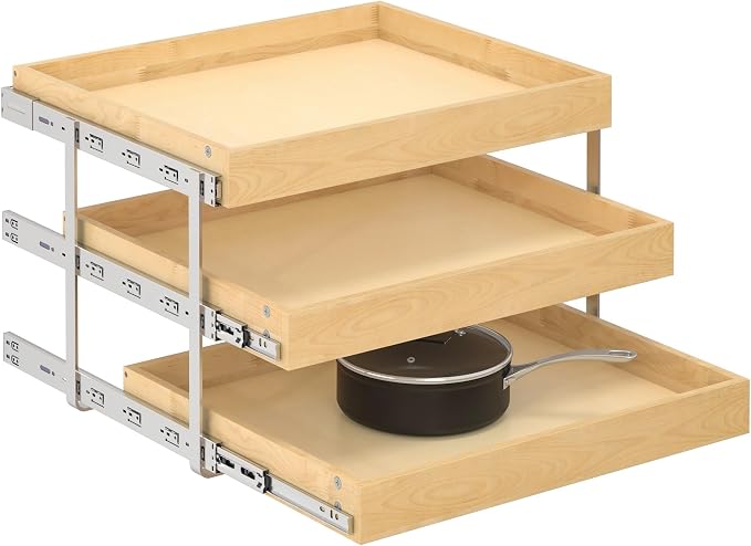 WelFurGeer 3-Tier Pull Out Cabinet Organizer with Soft Close, Heavy-Duty Pull Out Drawers for Cabinets, Slide Out Shelf for Kitchen, Pantry, Bathroom & Under Sink, Solid Birch Wood