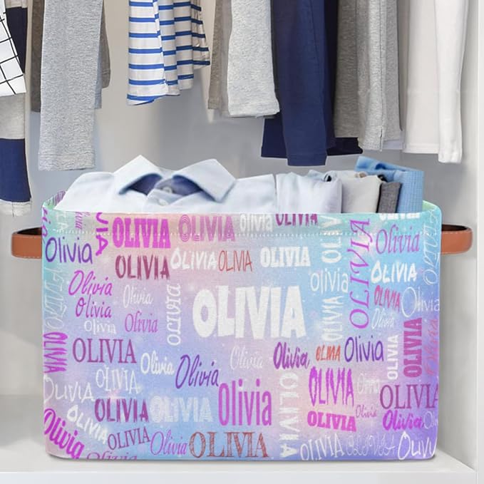 Personalized Name Storage Basket,Light Blue Purple Colorful Galaxy | Organizing Boys Girls Pets Toys Closet Shelf Clothes Books