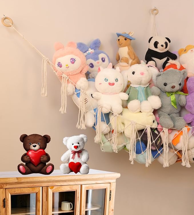100% Cotton Handmade Stuffed Animal Storage Hammock, Large | Macrame Corner Toy Net, 6 inches Tassels, For Nursery Bedroom