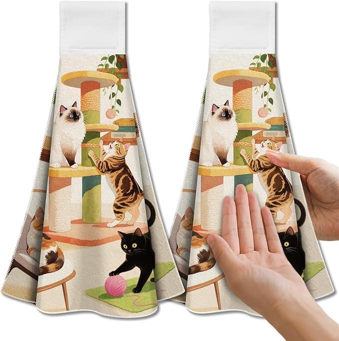 CUTHOLLOW Cat Play and Flowers Hanging Kitchen Towels with Loop, Set of 2 - Soft & Super Absorbent Microfiber Decorative Hanging Dish & Hand Towel, Tea, Coffee Towel for Kitchen Bathroom Oven Handle