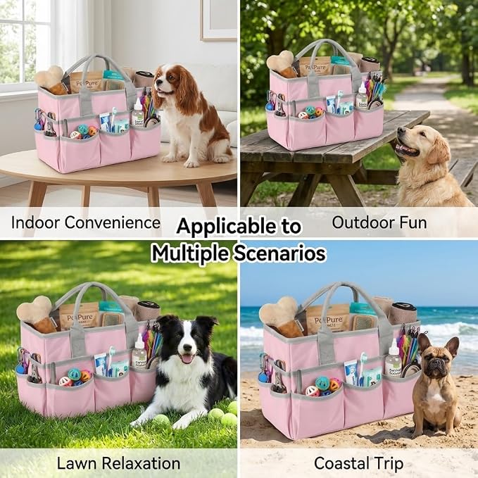 Pet Grooming Bag, Dog Grooming Organizer Tote with 10 Pockets, Dog Storage Organizer with Sturdy Handle for Grooming Supplies, Toys, Treats, Leash (Bag ONLY) (Pink)