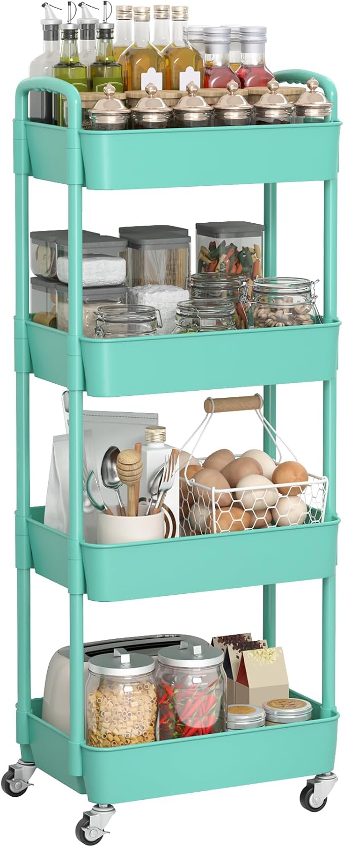 Sywhitta 4-Tier Plastic Rolling Utility Cart with Wheels for Storage,Green | Multi-Functional Storage Trolley, for Office, Living Room, Kitchen, Bathroom,Movable Organizer,Space-Saving,Easy to assemble