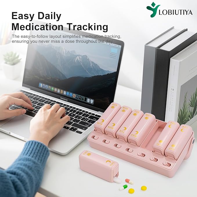 Weekly Pill Organizer 2 Times a Day, AM PM Travel Pill Organizer 7 Day for Vitamin Medicine Supplement Fish Oil, Pink Twice a Day Medicine Pill Box with a Rotatable Handle