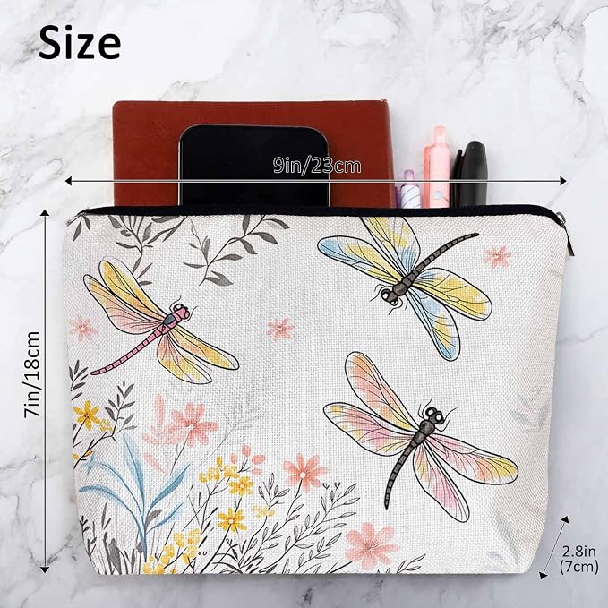 Makeup Bag For Purse Dragonfly, Garden Dragonflies Flowers Nature Cosmetic Bags For Women With Zipper Travel Toiletry Pouch Makeup Bags Makeup Organizers Purse For Toiletries Cosmetics