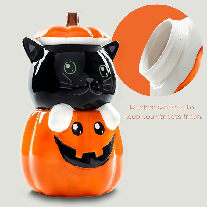Dolomite Ceramic 11 x 6.3 Halloween Cookie & Candy Jar with Airtight Lid: Perfect for Kitchen Canisters, Pet Treat Containers & Fall Decorative Candy Dish, Black Cat Pumpkin