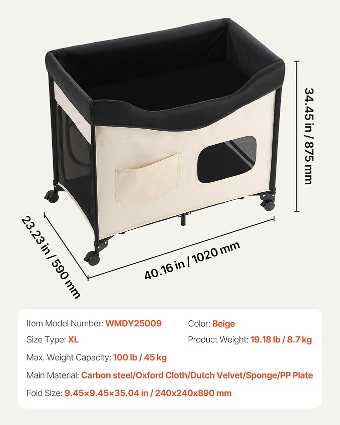 VEVOR Bedside Lounge Pet Bed, Foldable Bunk Dog Bed with 600D Oxford Cloth and Dutch Velvet, Portable Raised Cot with Wheels, Side Storage Bags, and Carry Bag for Cats & Dogs, XL, Beige