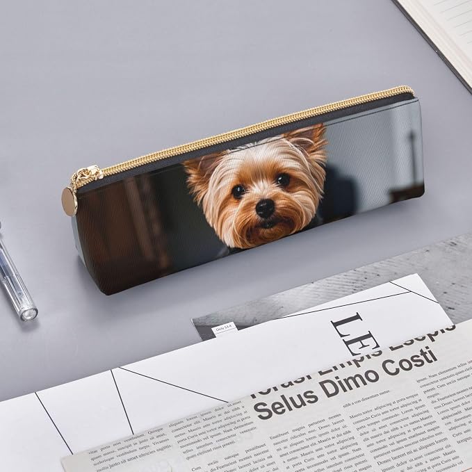 Leather Pen Case with Zipper - Aesthetic Pen Holder Cute Pet Yorkie Pencil Case for Women & Men - Handcrafted Pencil Bag Multi-Functional Travel Cosmetic Case for Work Office Tool Pouch