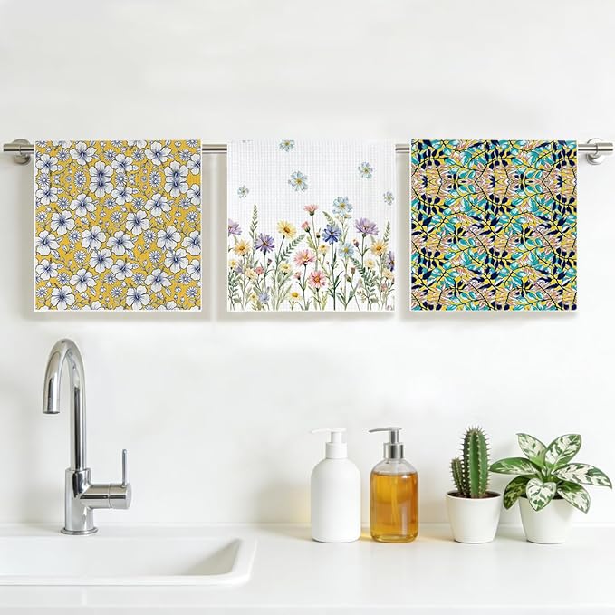3 Pcs Retro Flower Kitchen Towels, Colorful Flower Soft Absorbent Hand Tea Towel, Microfiber Dish Cloths for Drying Dishes, Waffle Dish Towels for Kitchen Farmhouse Decor, Floral Gifts for Women Mom05