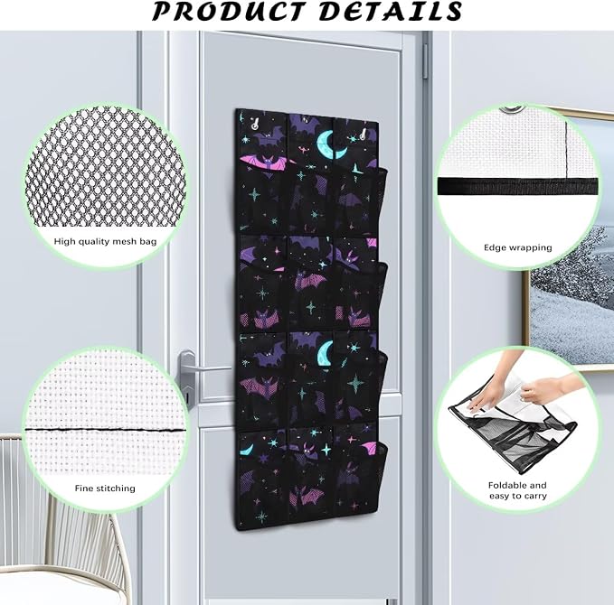 Halloween Bat Over the Door Shoe Organizer,Hanging Storage Bags with 12 Mesh Large Pockets,Behind Door Shoes Hang Holder Rack