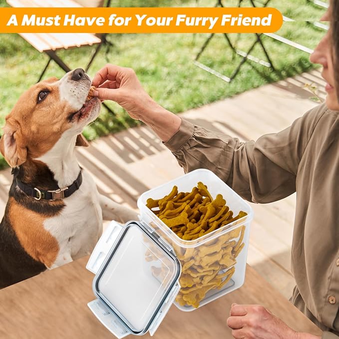 qeerable Airtight Dog Treat Jars with Scoops & Tongs - Small Pet Food Storage Containers for Kitchen Counter - 2-Pack Clear Plastic Dog Treat Holder & Canister for Puppy Training Rewards