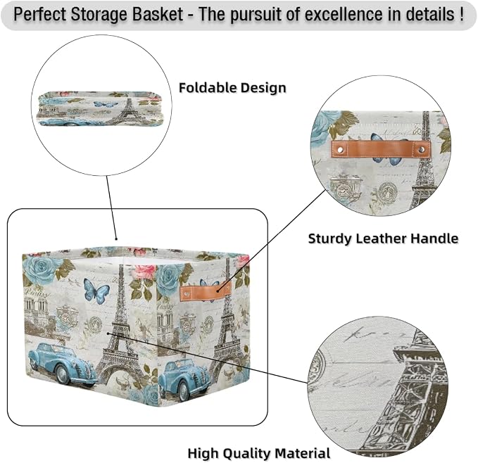 AUUXVA Storage Basket Vintage Paris Eiffel Tower Rose Flower Old Car Storage Cube Box Durable Canvas Collapsible Toy Basket Organizer Bin with Handles for Shelf Closet Bedroom Home Office