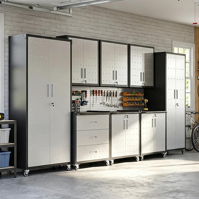 Garage Cabinet System | Heavy Duty Steel All-in-One Modular Garage Cabinet Set for Ultimate Workshop Organization | Easy Assembly Garage Storage Cabinets & Tool Bench