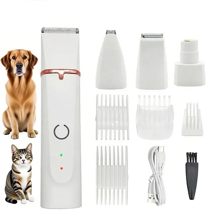 Dog Clippers Grooming Kit 4 in 1 Pet Hair Clipper-Low Noise Dog Paw Trimmer- Rechargeable - Cordless Quiet Pet Dog Cat Nail Grinder Trimming Hair Around The Eyes and Ears for Dogs and Cats (White)