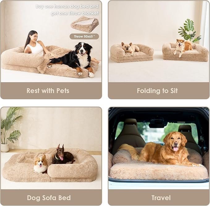 EHEYCIGA Orthopedic Foldable Human Dog Bed - 72x44x11, Camel | Memory Foam Human Sized Dog Bed, Waterproof Pet Bed for People, Faux Fur Pet Couch for Adult with Non-Slip Bottom