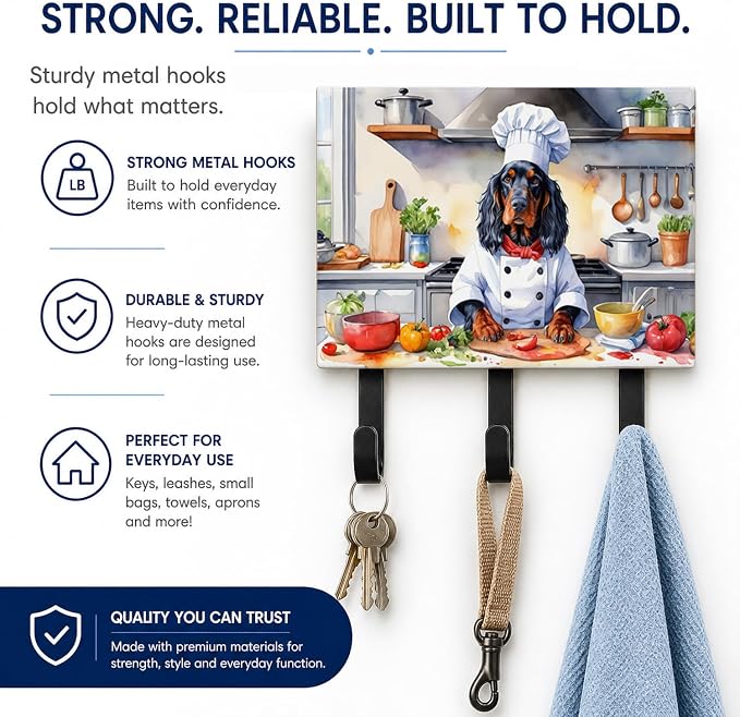 Caroline's Treasures Gordon Setter The Chef Leash or Key Holder Wall Hooks, Key Hooks Holder, Coat Rack Wall Mount, Coat Hooks, Hooks for Hanging Keys, Towels, Aprons, Leashes | Gordon Setter The Chef artwork on ceramic tile with three steel hooks for ...