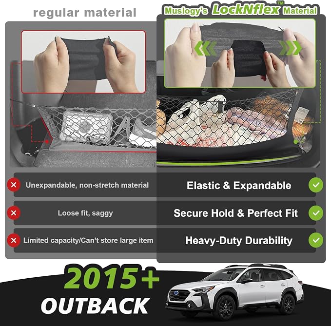 Muslogy Cargo Net for 2015-2025 2026 Outback Accessories | Custom Fit, Trunk Storage Organizer Net for SUV Sedan Van Divider, with Heavy Duty Carabiners, Night Visible Grab Handle